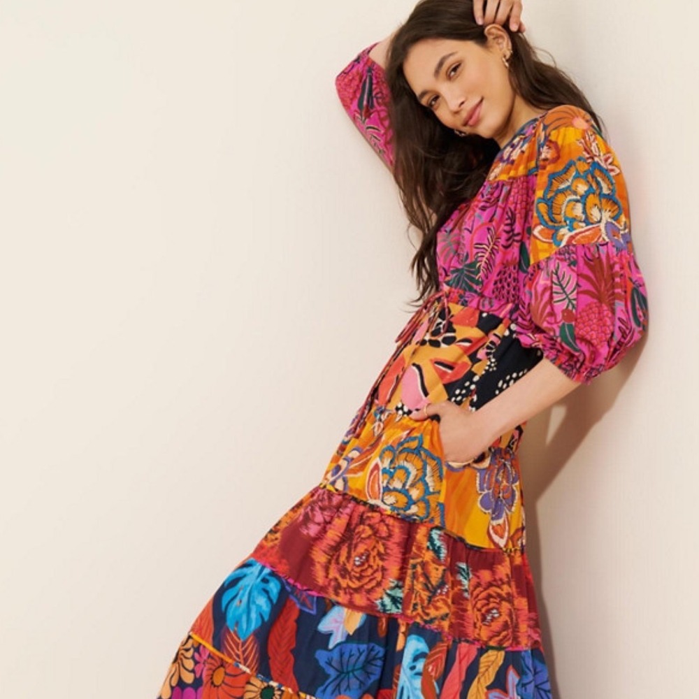 Farm Rio Anthropologie Button Front Maxi Dress Multicolor Floral Boho Small S